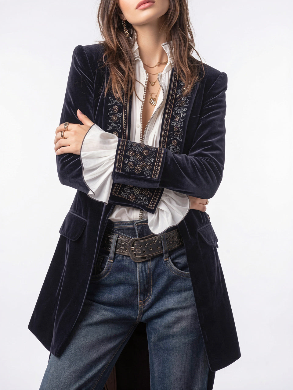 Veste Longue Brodée Vintage Femme Zip Coupe Droite - 2