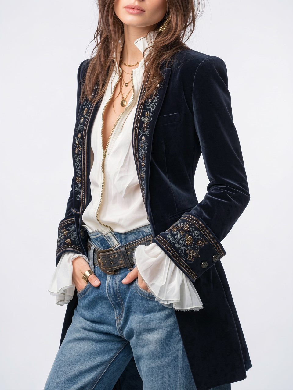 Veste Longue Brodée Vintage Femme Zip Coupe Droite - 3
