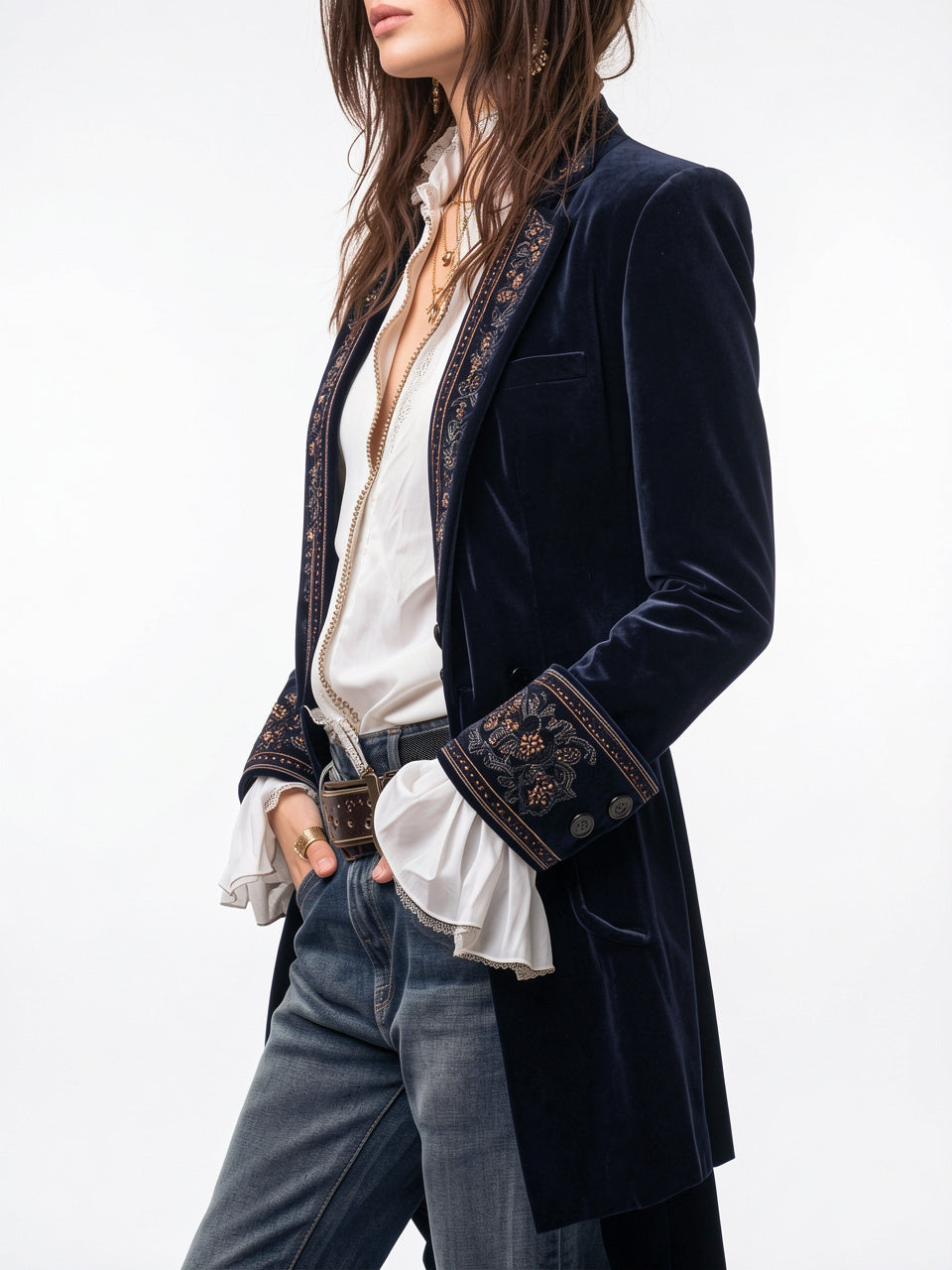 Veste Longue Brodée Vintage Femme Zip Coupe Droite - 4