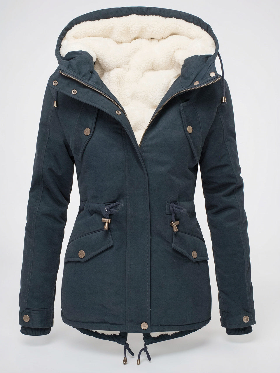 Veste Manteau d'hiver Chaude Femmes Imperméable Capuche Fourrure - Bleu Marine XS