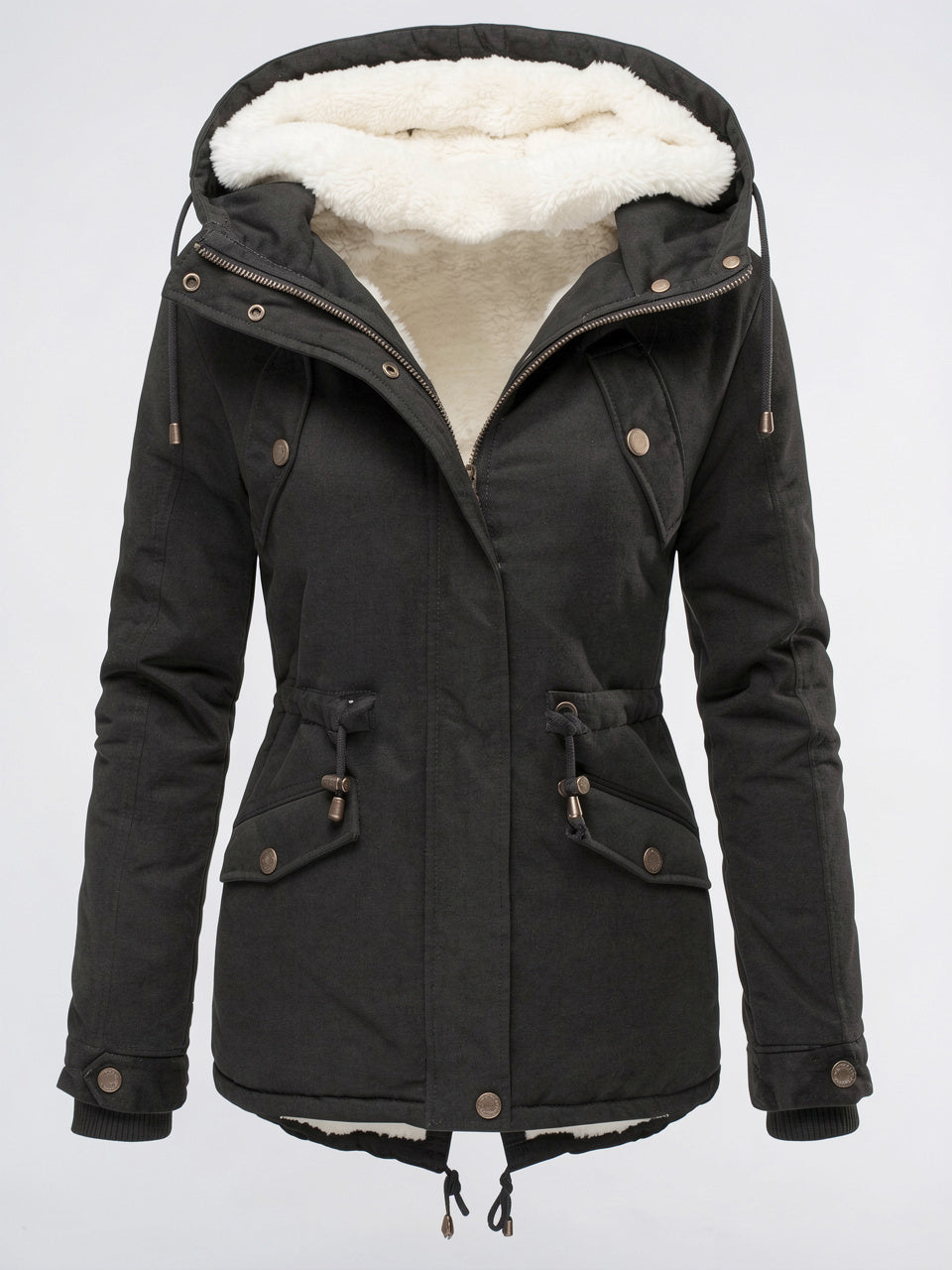 Veste Manteau d'hiver Chaude Femmes Imperméable Capuche Fourrure - Noir XS