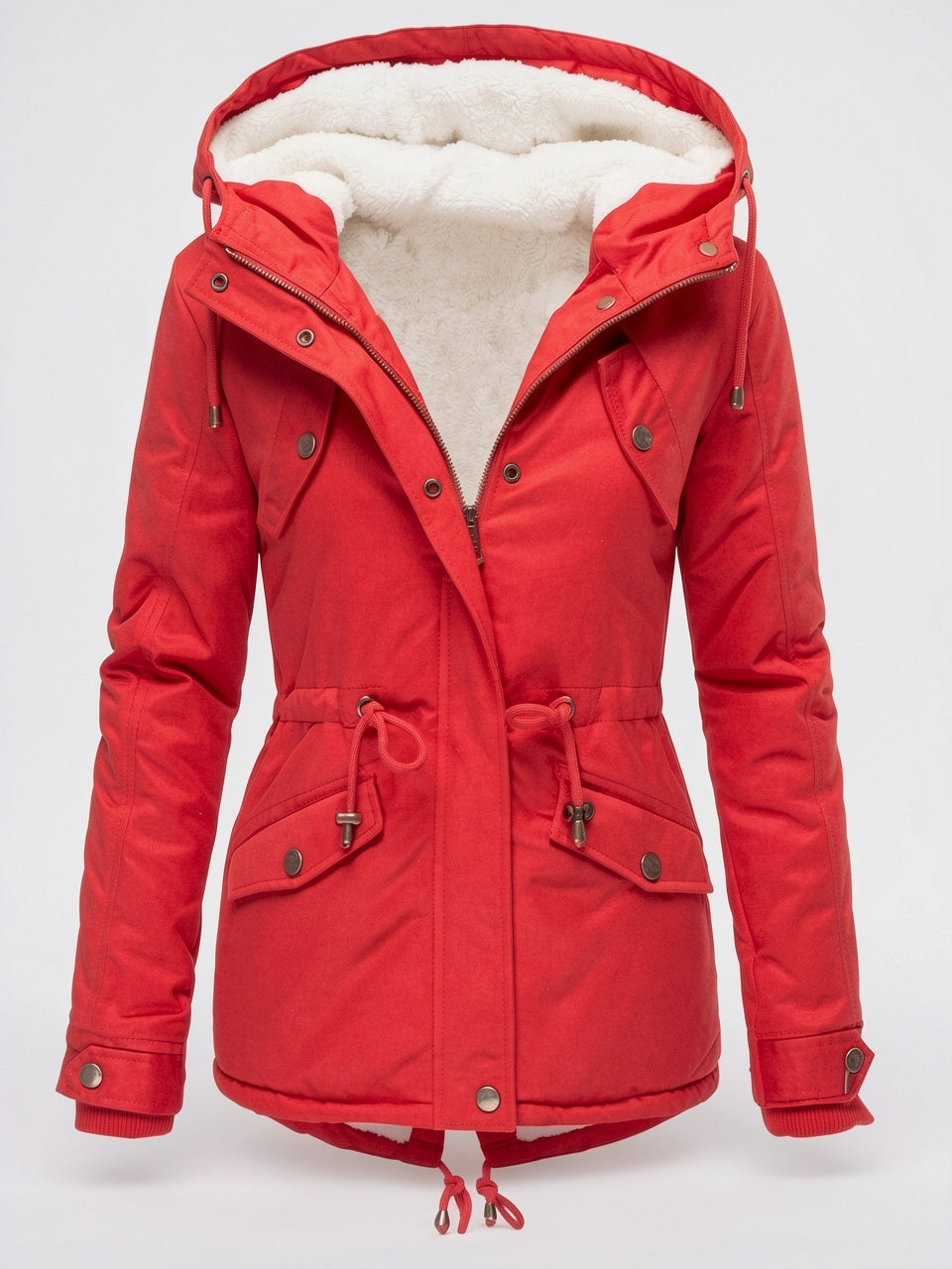 Veste Manteau d'hiver Chaude Femmes Imperméable Capuche Fourrure - Rouge XS