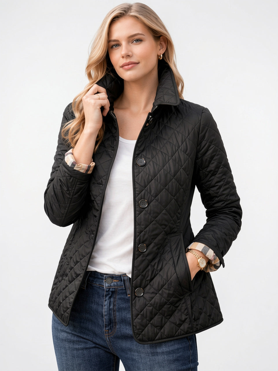 Veste Matelassée Contraste Doublure Poignet Femme Hiver - Noir S