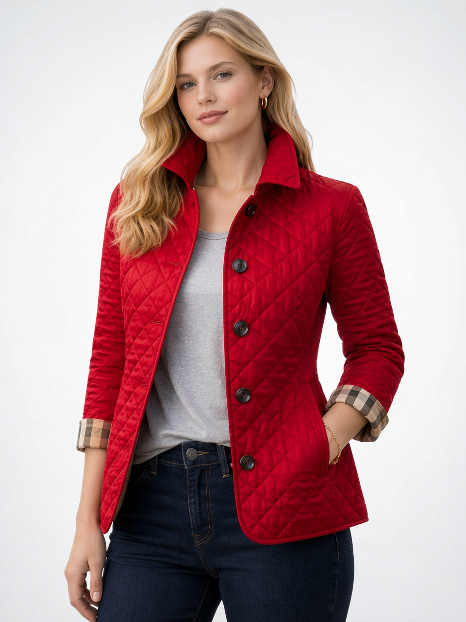 Veste Matelassée Contraste Doublure Poignet Femme Hiver - Rouge S
