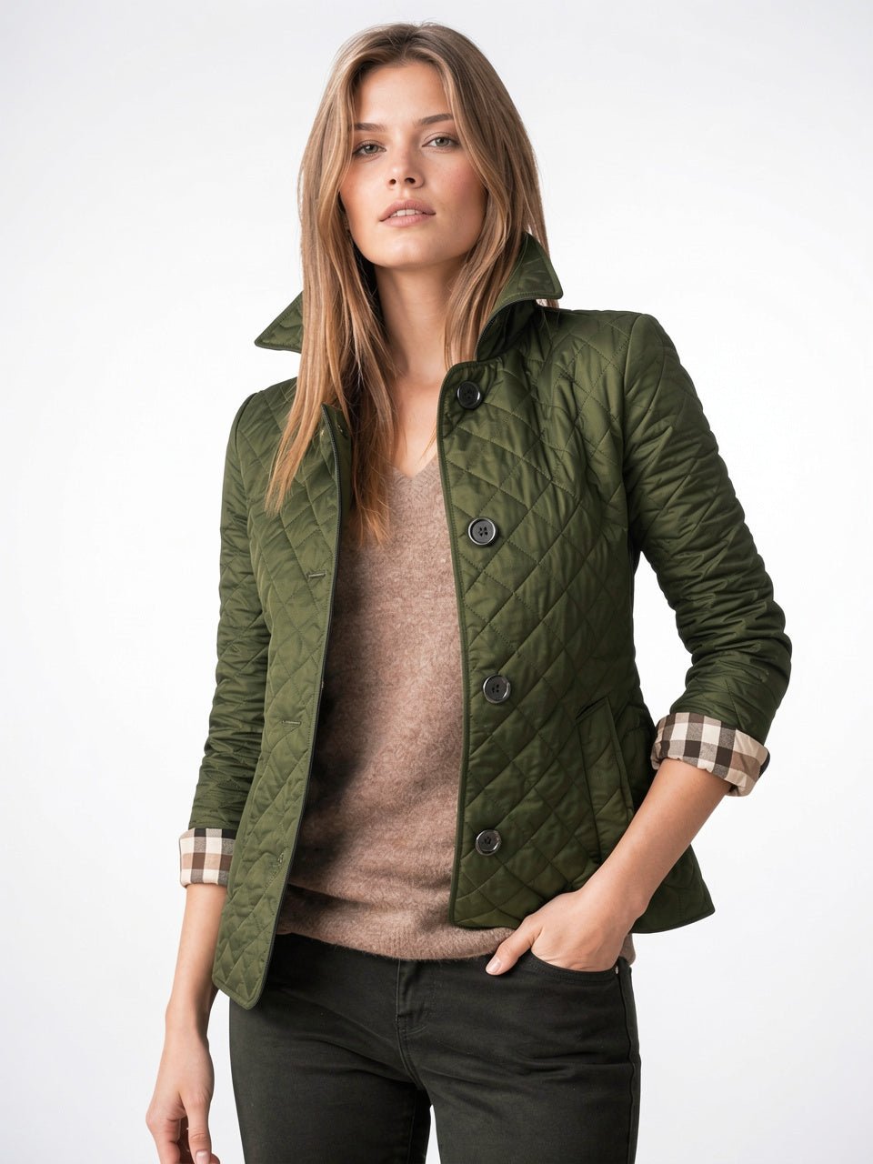 Veste Matelassée Contraste Doublure Poignet Femme Hiver - Vert S